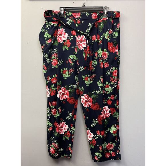 Ambiance Apparel Flowy Pants Womens Plus Size 3X Blue Floral Belted Cropped - Picture 1 of 7
